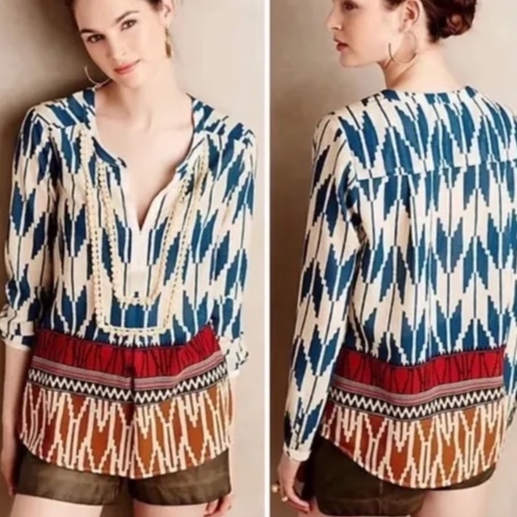 EUC Anthropologie Maeve Rohana Embellished Henley Sheer Blouse Size 4 - Picture 1 of 9